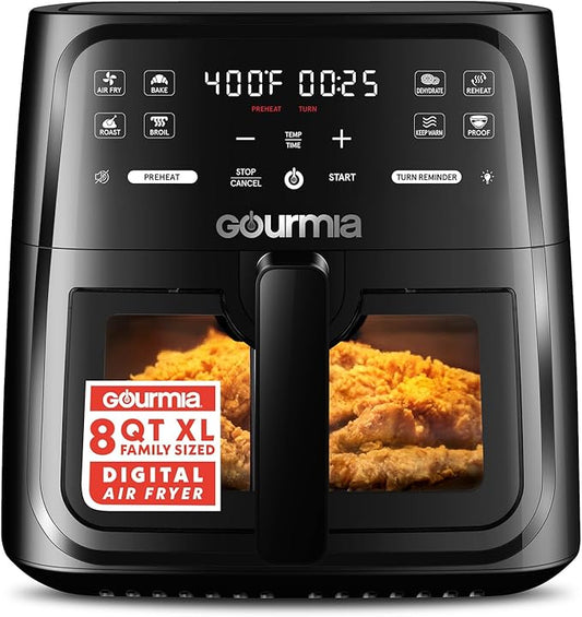 Gourmia 8 Qt Air Fryer, 8 Presets with Digital Display, FryForce 360° Technology, Easy View Window & Interior Light, Dishwasher Safe Basket, Black