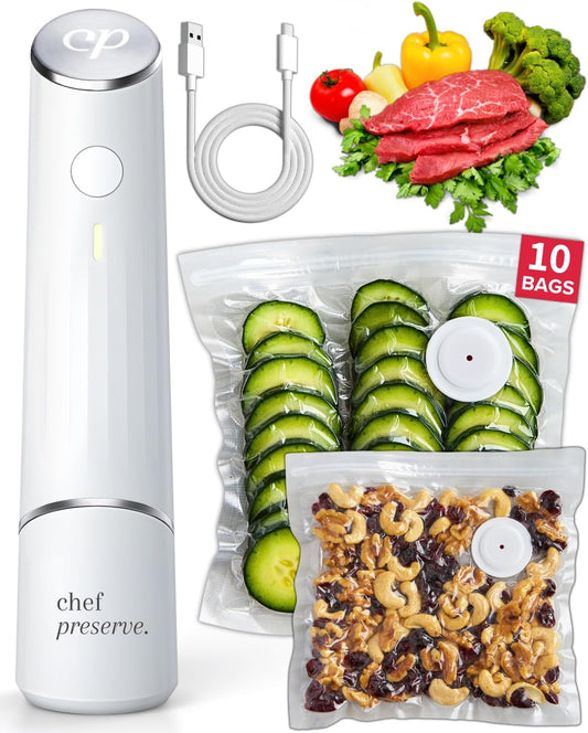 Chef Preserve Compact Vacuum Sealer for Food (Vacuum Sealer Machine + 10 Reusable Vacuum Bags) Powerful Handheld Vacuum Sealer Machine, Seal Meal Saver, Portable Food Sealer