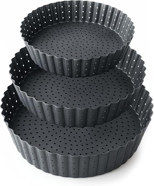 Set of 3 Deep Dish Pie Pan with Removable Bottom - Fluted Carbon Steel Tart Pan for Quiche Lorraine & Pies - Crispy Crust Baking Dish for Home Bakers - 7.87, 9.44 and 11 inches