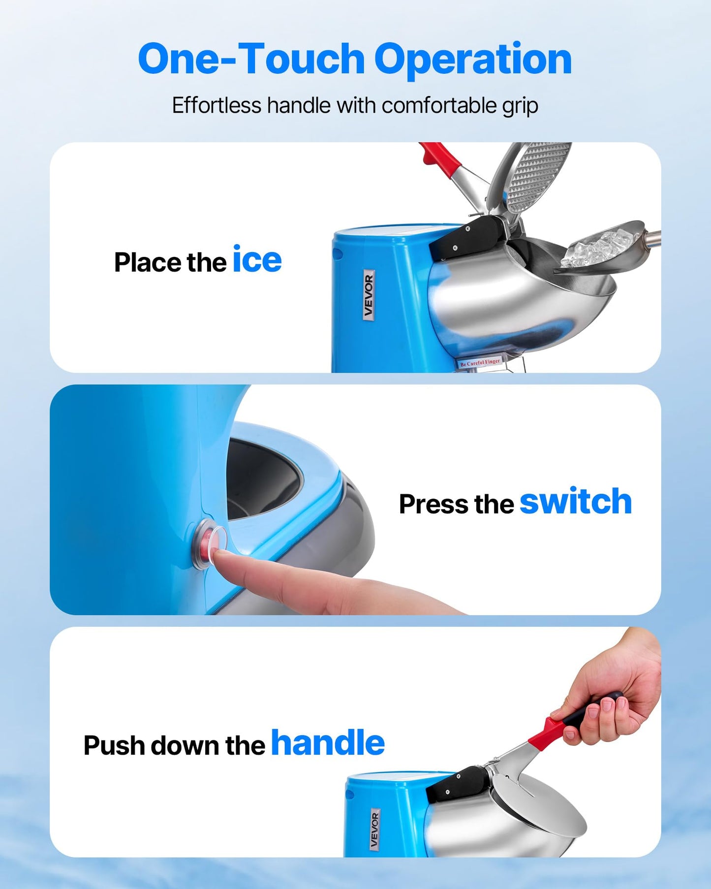 VEVOR Ice Crusher Machine, 220lbs Per Hour Electric 4 Blades Snow Cone Maker, Stainless Steel Shaved Ice Machine with Bowl and Cover, 300W 1400RPM Ice-Shaver for Home and Commercial Use, Blue