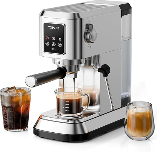 topzee Espresso Machine 20 Bar, Compact Coffee Maker with Milk Frother & Cold Brew Function, 52oz Removable Water Tank, Stainless Steel Cappuccino, Latte Maker, Silver