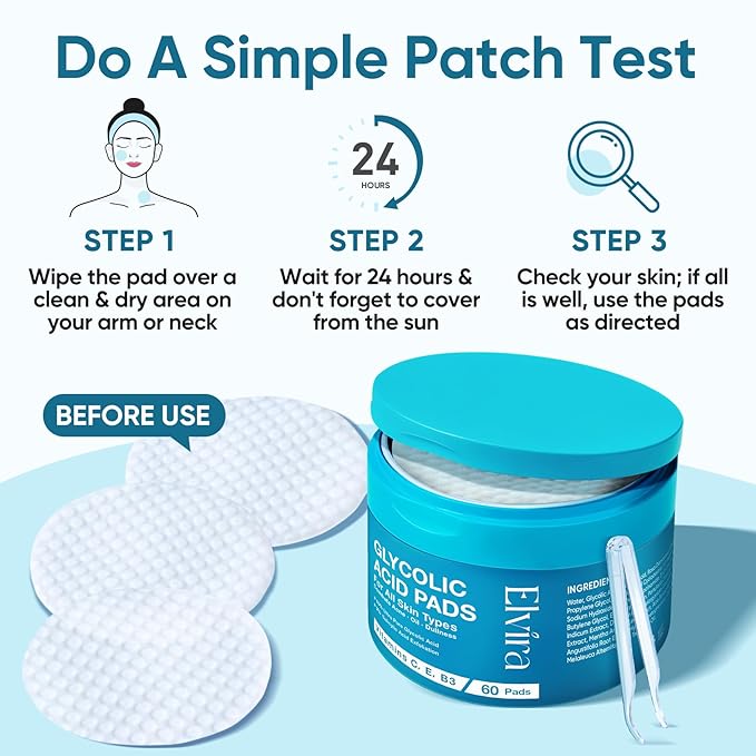 Elvira Glycolic Acid Exfoliating Facial Pads With 10% Glycolic Acid, 2% Salicylic Acid & Niacinamide - 60 Toner Pads, Daily Peel Treatment for Acne Prone Sensitive Skin