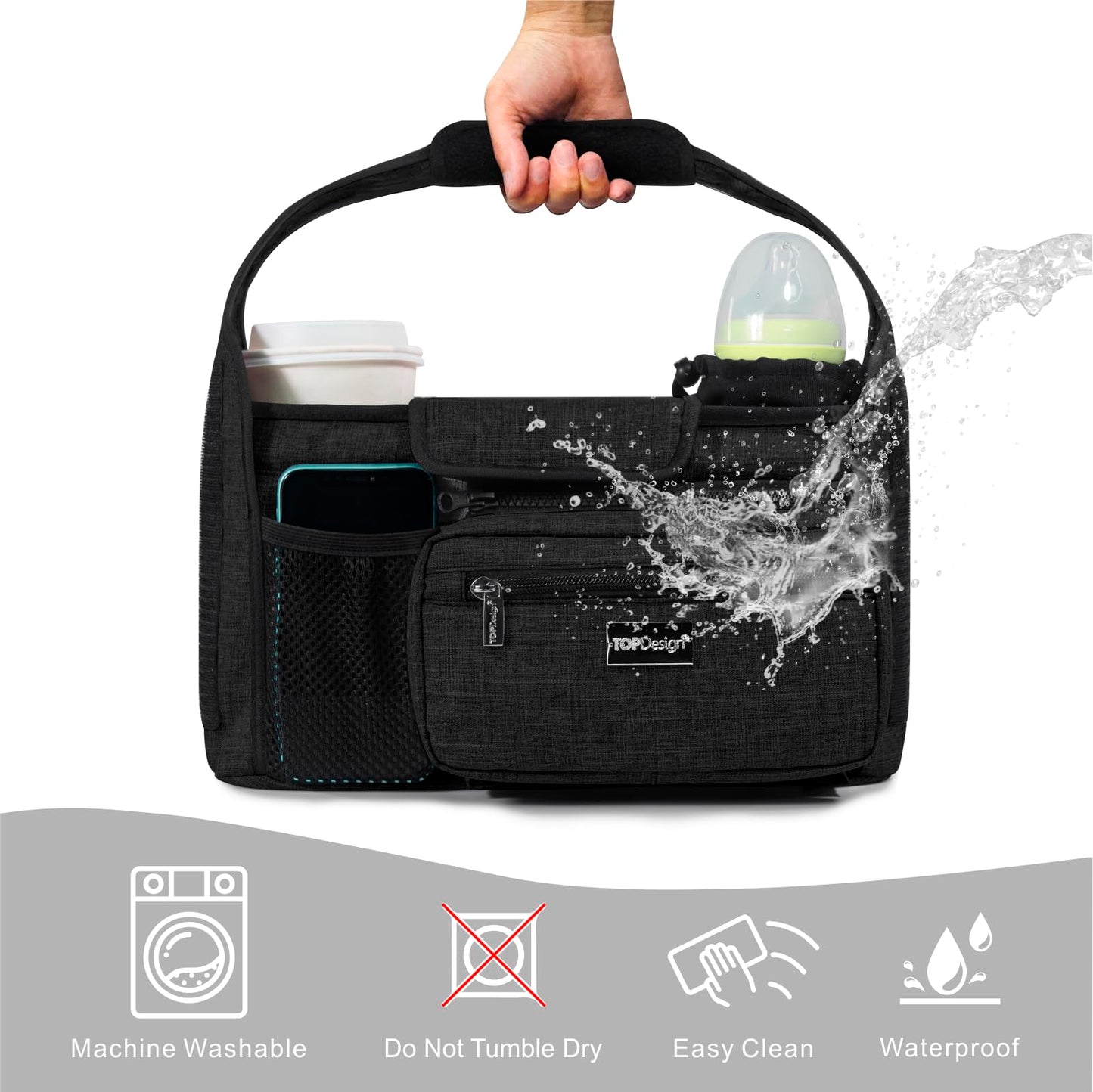 TOPDesign Universal Baby Stroller Organizer, Stroller Caddy with Detachable Mesh Bag & Heightened Insulated Cup Holders & Non-Slip Secure Hooks Accessories, Fits Most Strollers (Checkerboard)