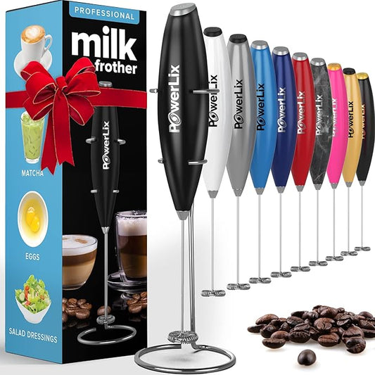 PowerLix Milk Frother Handheld Battery Operated Electric Whisk Foam Maker For Coffee, Latte, Cappuccino, Hot Chocolate, Coffee Accessories With Stainless Steel Stand (Metallic Black)