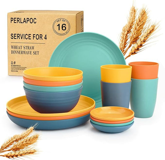 Wheat Straw Dinnerware Sets, Unbreakable Plates and Bowls Sets of 16, Kids Dinnerware Set Sevice for 4, Dishwasher & Microwave Safe Dish Set for Kitchen, Outdoor, Camping - Multi