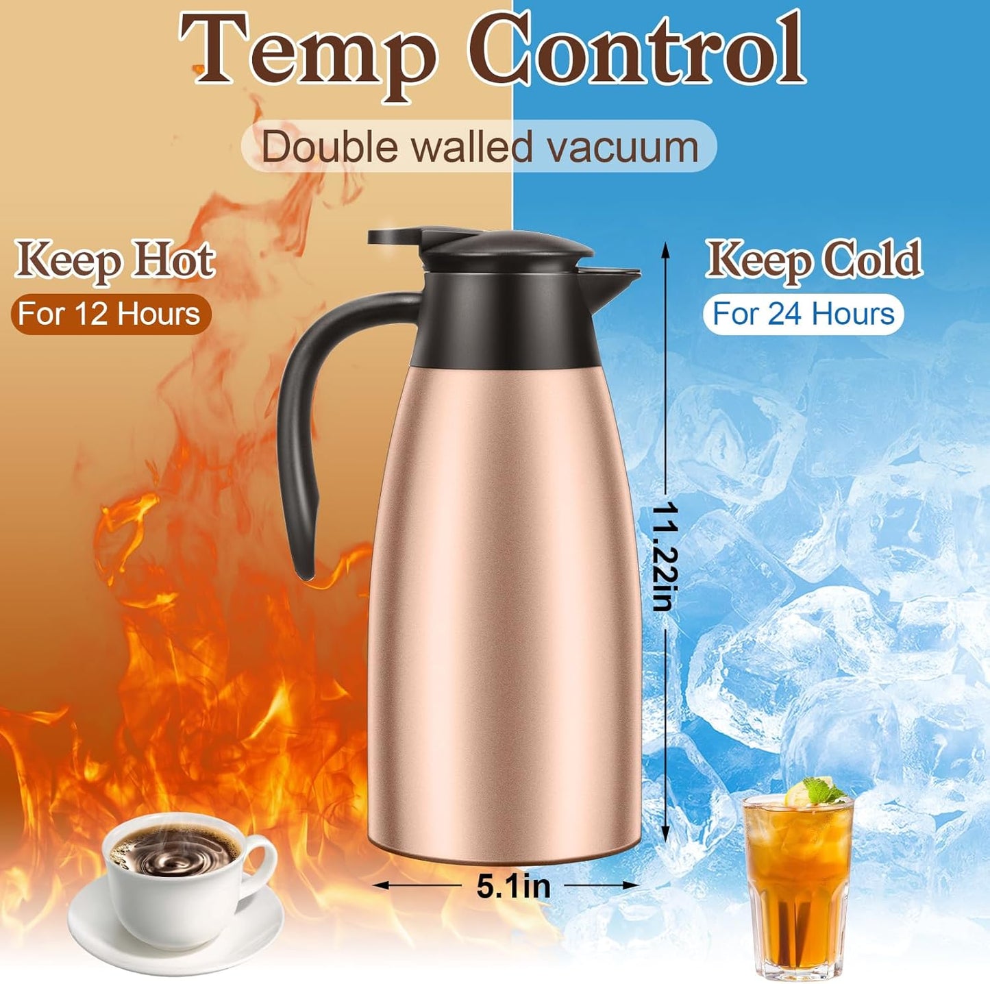 2 PCS 68 OZ Thermal Coffee Carafe, Insulated Stainless Steel Coffee Carafe Double Walled Vacuum Thermal Pot Flask with Brushes Thermos for Keeping Hot Coffee Tea Home and Office (Gold)