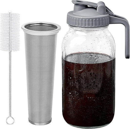 OneDream Cold Brew Coffee Maker - 2 Quart 64oz Stainless Steel Filter Cold Brew Pitcher Jar, No Leaks Cold Brew Mason Jar Coffee Maker, Easy to Clean Cold Coffee Maker