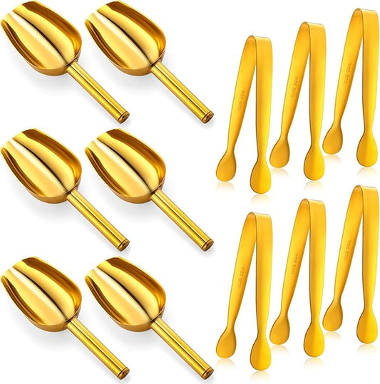 12 Pcs Gold Stainless Steel Ice Scoop and Mini Tongs Ice Shovel Scoop Kitchen Cube Buffet for Kitchen Dispenser Buffet Jars,Scooping Coffee Bean,Desserts Party