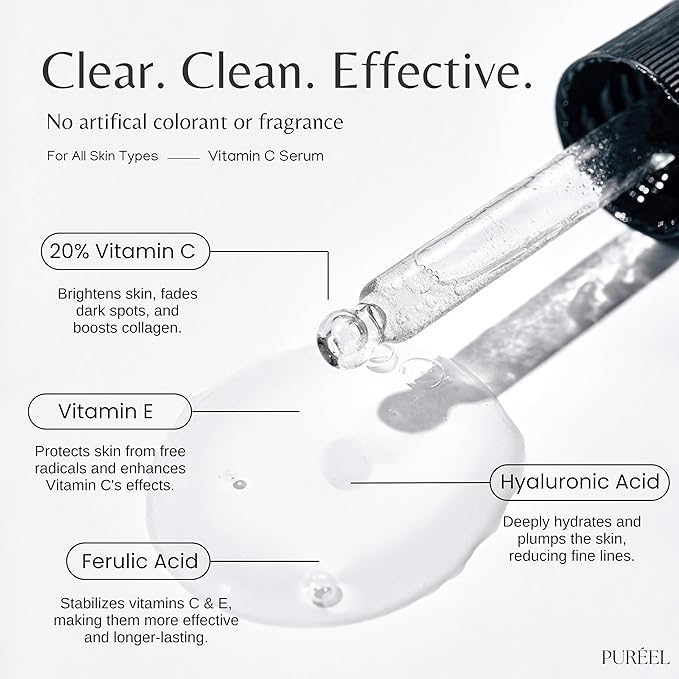 Puréel 20% Vitamin C Serum for Face – Brightening Serum with Vitamin E & Ferulic Acid – Anti-Aging, Dark Spot Remover, Even Skin Tone, Wrinkle Reduction & Radiant Glow – 1 fl oz