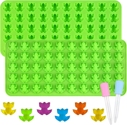 Sakolla Mini Frog Candy Molds, 100 Cavities Silicone Molds for Chocolate, Gummy, and Mints, Set of 2 with 2 Droppers (Green)