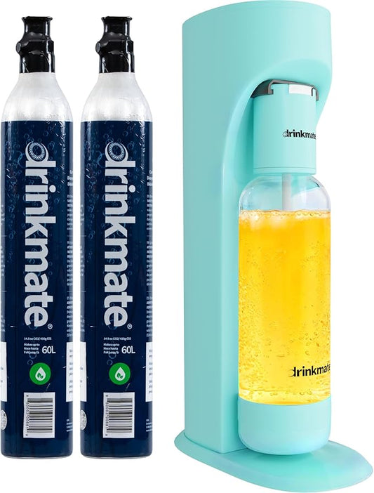 Drinkmate Sparkling Water and Soda Maker, Carbonates Any Drink, Bubble Up Bundle - Includes Two 60L CO2 Cylinders, One Carbonation Bottle, and Fizz Infuser - Arctic Blue