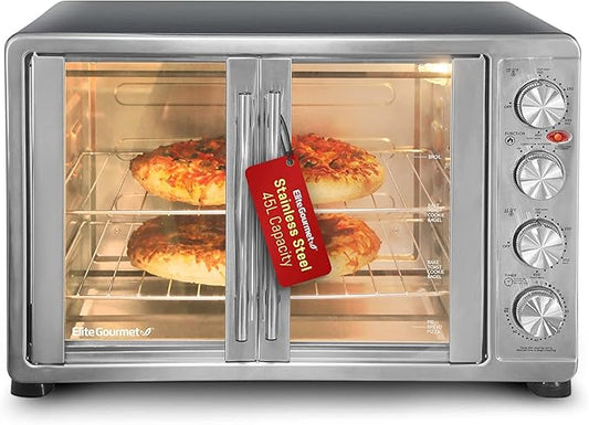 Elite Gourmet ETO4510MX French Door 47.5Qt, 18-Slice Convection Oven 4-Control Knobs, Bake Broil Toast Rotisserie Keep Warm, Includes 2 x 14" Pizza Racks, Stainless Steel