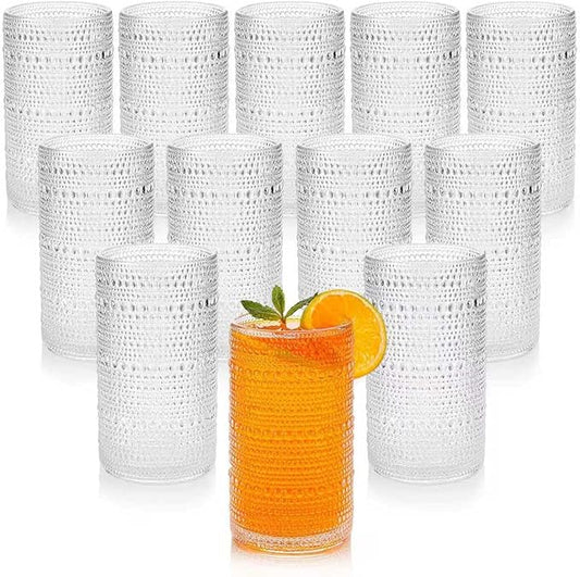 16oz Clear Hobnail Drinking Glasses with Straws Set of 12, Highball Glasses Cups, Kitchen Water Glasses Cup, for Cocktail, Juice, Whiskey, Milk and Various Mixed Drinks