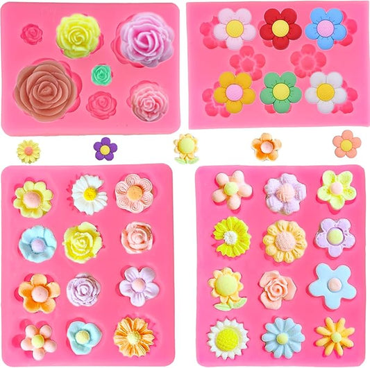 4Pcs Flower Silicone Molds - Rose & Daisy Mini Chocolate & Fondant Cake Decorating Molds for Baking, Soap, Ice Cube & Wax Melt