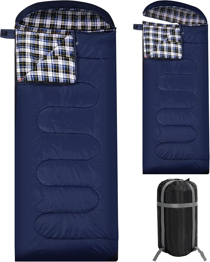REDCAMP Flannel Sleeping Bag for Adults, Comfortable Cotton Sleeping Bags for Camping with Detachable Hood, Red/Grey/Blue
