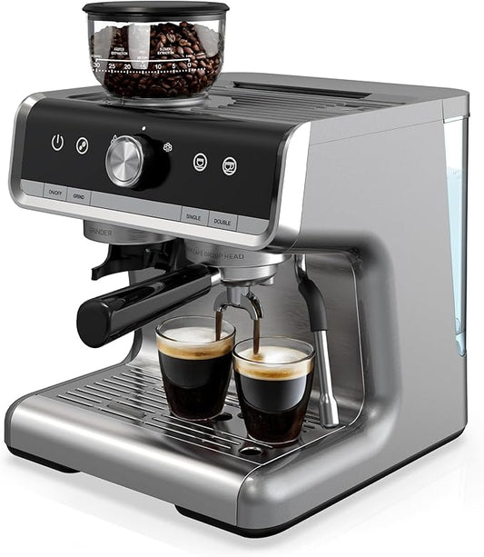 GarveeHome Espresso Machine With Grinder, 20 Bar Semi-Automatic Espresso Coffee Maker With Milk Frother Steamer Wand Cappuccino Latte Macchiato, 95 oz Water Tank, PID Temperature Control, Light Gray