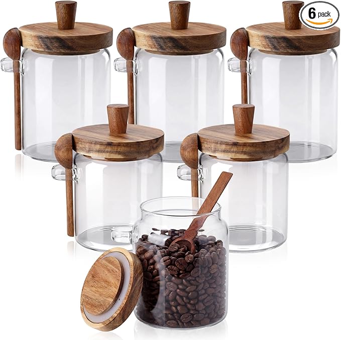 Remerry Set of 6 Glass Jar with Wooden Lid and Spoon, Clear Airtight Spice Canisters Glass Food Storage Kitchen Containers Set for Coffee Bean Tea Sugar (13.5 Oz,20 oz)