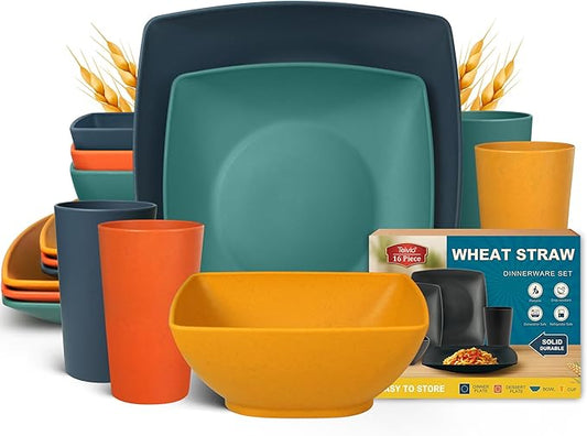 Teivio 16-piece Plastic Wheat Straw Square Dinnerware Set for 4, Unbreakable Dinner Plates, Salad Plates, Snack Bowls, Tumblers 13.5 oz, Dishwasher Safe, Autumn Multicolor