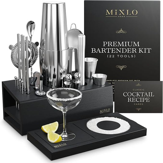 Mixology Bartender Kit - 22Pcs Bar Set Cocktail Shaker Set w Black Bar Cart Accessories Stand - Shakers Bartending Silver Tools, 24oz Shaker, 17 Recipe Cards, Martini Barware