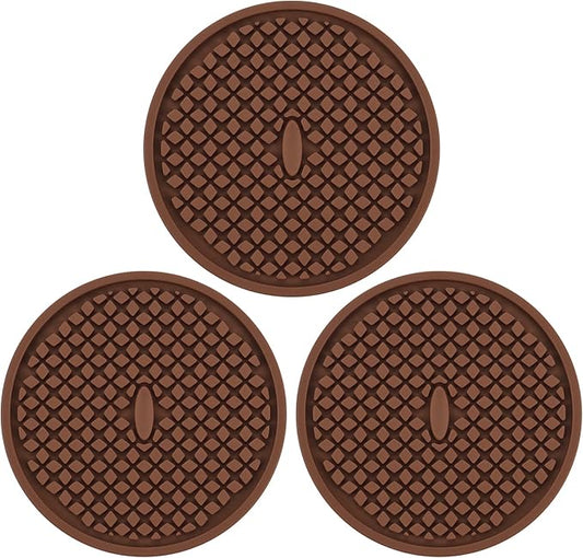 3 Pack Silicone Coasters for Drinks, Thickened Coaster with Deep Tray Grooved Design Cup Mat, Washable Heat Resistant Durable Non-Slip Coasters for Coffee Table Wooden Desk Kitchen Bar (Brown)