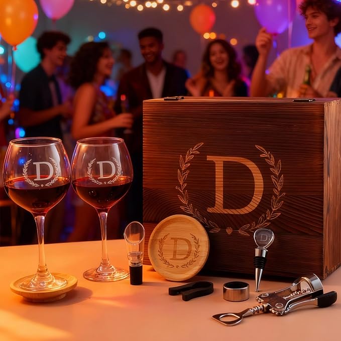 GZLDGIFTS Personalized Initial Wine Glasses Box Gift Set For Women Mom Engraved Birthday Monogrammed Wooden Christmas Gifts Wedding Anniversary Wine Couples Stopper Opener Initial Letterr (R Set)