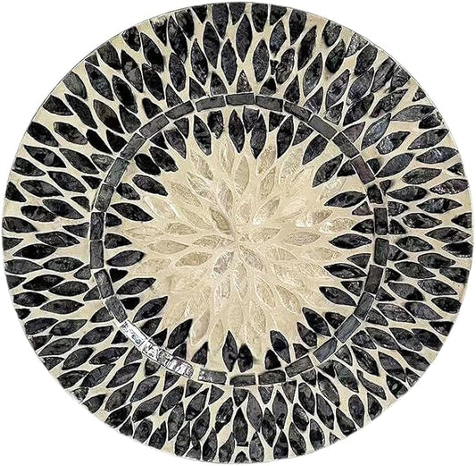 13 Inch Mother of Pearl Shell Placemat Plate – Large Round Decorative Heat for Table or Kitchen, Cabinet, Tabletop (Black and White Leaves, 13 Inch)