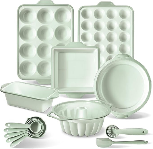 COOK WITH COLOR 17 Pc. Silicone Baking Pan Set - Non-Stick & Easy Clean Silicone Muffin Pans for Baking with Sturdy Metal Frame for Stability, Flexible Cake Molds, Includes Measuring Cups and Spoons