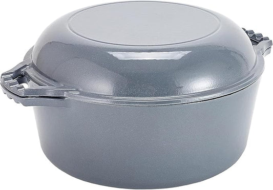 Bruntmor 2-in-1 Enamel Cast Iron Dutch Oven With Handles - Crock Pot Grey Cast Iron pot with Skillet lid - All-in-One Cookware Braising Pan for Casserole Dish - 7 Quart, Grey