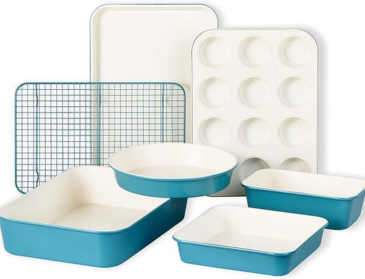 CAROTE 7-Piece Ceramic Baking Pans Set, Aluminized Steel Bakeware Sets, Toxin-Free Nonstick Stackable Oven Pans with Cookie Sheet, Muffin Pan, Loaf Pan, Roasting Pan, Cake Pans, Cooling Rack