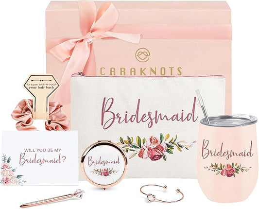 CARAKNOTS Bridesmaid Proposal Gifts Box, Will You Be My Bridesmaid Gift Set Pink Bridesmaids Box for Wedding Bridal Bachelorette Party Favor Stainless Steel Wine Tumbler 12 oz