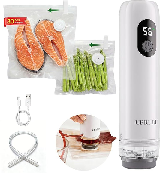 Compact Vacuum Sealer for Food (Vacuum Sealer Machine + 30 Reusable Vacuum Bags), Powerful Handheld Food Vacuum Sealer Machine with LED Display & Liquid Drainage Tube, Portable Food Sealer