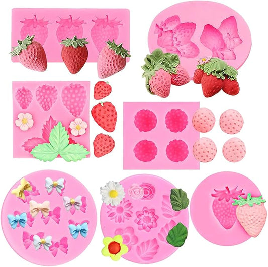 7 Pack Strawberry Baking Mold 3D Strawberry Embed Silicone Fruit Shape Pastry Mold Silicone Handmade Candy Bow Molds for Chocolate Fondant Ice Cream Cupcake Cake Decor - QS7