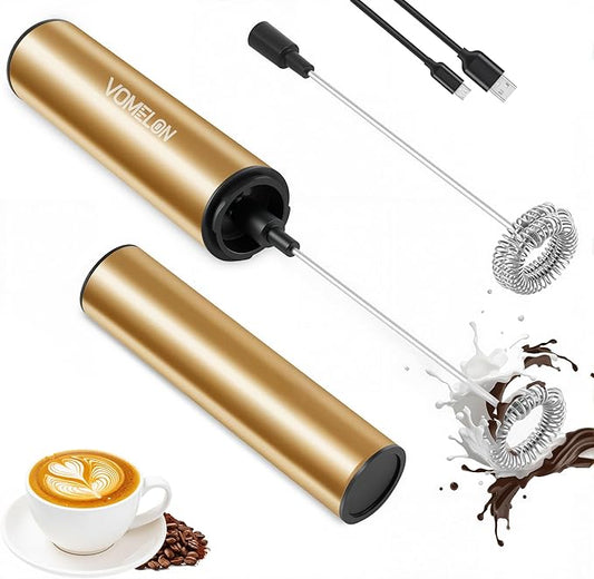 Rechargeable Electric Milk Frother Handheld,2-Speed Travel Frother with Tube Case, Milk Foamer Coffee Frother for Latte, Cappuccino, Drink Mixer with 2 Stainless Whisks and Charger Golden