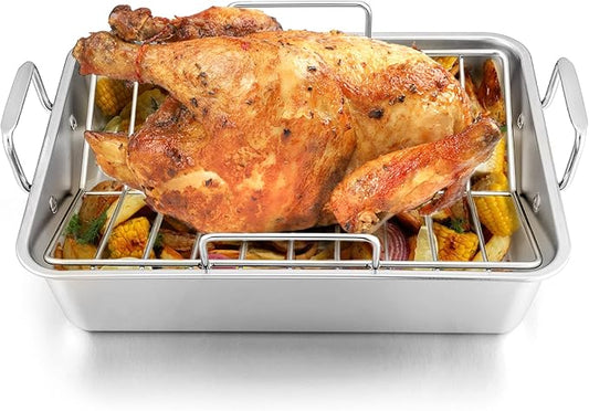 LIANYU 14 Inch Roasting Pan, Turkey Roaster with 2 Racks, Heavy Duty Stainless Steel Deep Broiling Lasagna Pan for Turkey, Chicken, Dishwasher Safe
