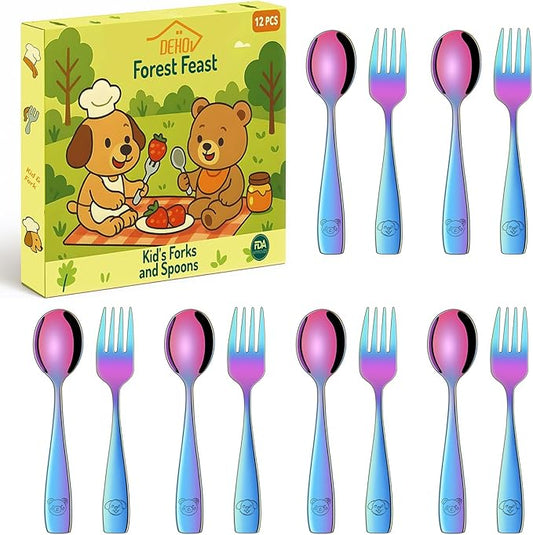 DEHOV Rainbow Toddler Eating Utensils Set,Set Of 12 Food Grade Stainless Steel Silverware Sets For Kids,Dishwasher Safe Children Small Metal Spoons And Forks Flatware Sets