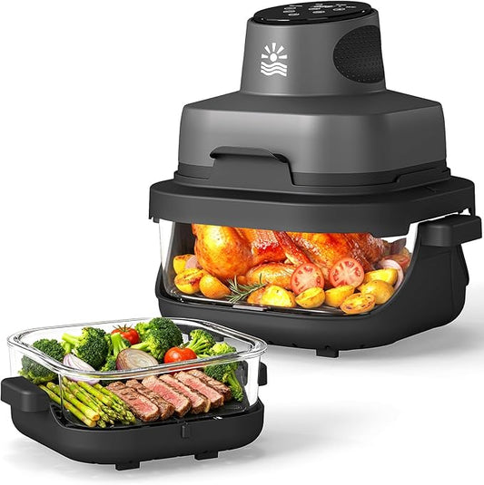 Rellytech Portable Glass Air Fryer - 1500W, 4.2 QT & 6-Cup Dual Glass Containers with Lids, 4-in-1, 60 Min Timer, 140°F-400°F Adjustable, Microwave, Freezer & Dishwasher Safe, Grey