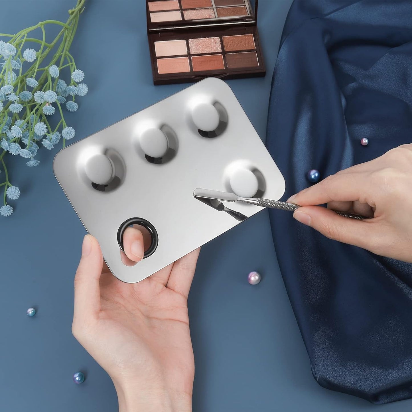 Makeup Mixing Palette, Upgrade Stainless Steel Metal Makeup Mixing Tray with Spatula Tool, Nail-art Palette for Mixing Foundation/Eye Shadow/lipstick/Nail Polish/Pigment (Rectangle)