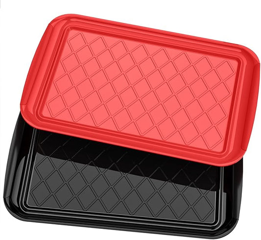 Serving Trays for Party - Set of 2, Large Serving Platters for Raw and Cooked Food, Dishwasher Safe, 17×10.5-inch Stackable Plastic Party Supplies for Grilling, BBQ, Meal Prep (Red, Black)
