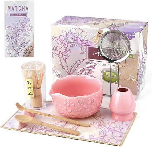 Matcha Whisk Set, 8-Piece Ceramic Japanese Matcha Bowl & Accessories Kit for Traditional Tea Ceremony, Home Use & Gifts (Pink)