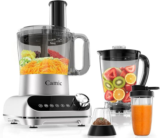 Camic Blender & Food Processor Combo,6 Functions for Smoothies,Chopping,Slicing,Shredding,Grinding,Dough,72-oz.Blender Pitche,64-oz. Processor Bowl,To-Go Cup,Grinder Cup