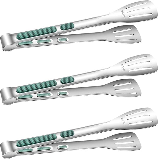 Stainless Steel Kitchen Tong Set - Anti-Slip Heat-Resistant Grip, Widened 3-Line Slotted Heads for Easy Clamping (Steaks, BBQ, Pasta, Salads), Easy Clean for Versatile Use Set of 3-11", Green