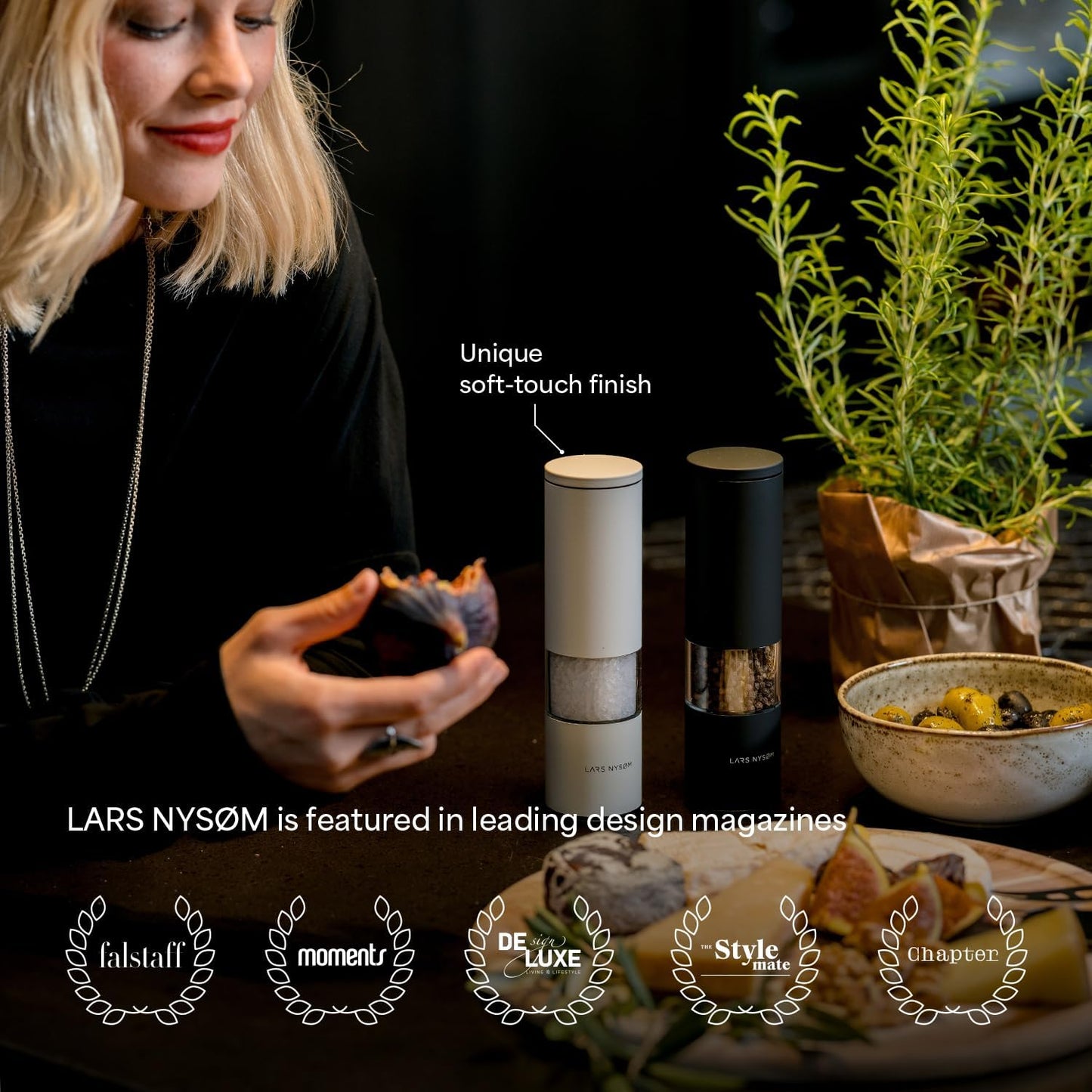 LARS NYSØM Salt and Pepper Grinder Set Manual, Stainless Steel Salt and Pepper Mills with Adjustable Ceramic Grinder I Design Spice Shakers (Ash Gray)