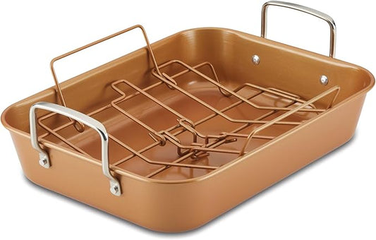 Ayesha Curry Nonstick Roaster / Roasting Pan with Rack - 11 Inch x 15 Inch, Brown