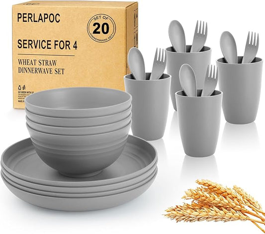 Wheat Straw Dinnerware Sets, 20 PCS Service for 4, Dishwasher & Microwave Safe Kids Plates and Bowls Sets, Unbreakable Lightweight Outdoor Camping Dishes - Gray