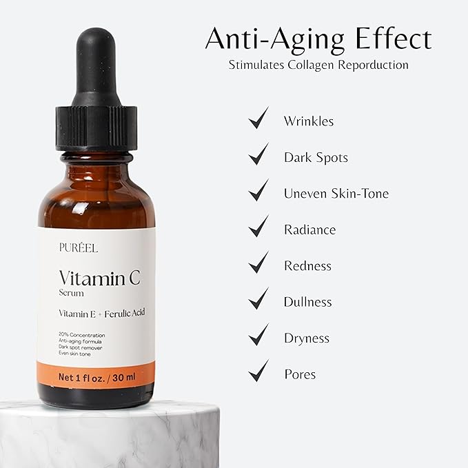 Puréel 20% Vitamin C Serum for Face – Brightening Serum with Vitamin E & Ferulic Acid – Anti-Aging, Dark Spot Remover, Even Skin Tone, Wrinkle Reduction & Radiant Glow – 1 fl oz