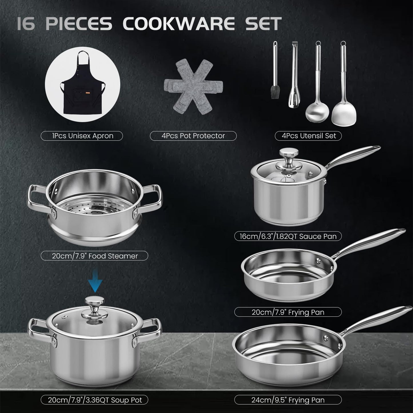Meythway 𝐇𝐄𝐀𝐕𝐘 Pots and Pans Set Non Toxic, 16PCs Stainless Steel Cookware Set with Steamer, Kitchen Induction Cookware with Utensil Sets, Pot Protectors and Apron For Oven & Dishwasher Safe