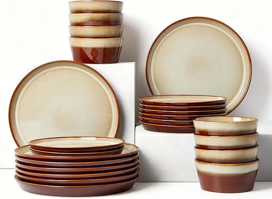 Pokini Dinnerware Set for 8, Ceramic Dish Sets, Plate and Bowl Set, Microwave & Dishwasher Safe Dishware Set, Chip & Scratch Resistant Dinner Set, One-of-a-Kind Design, Amber Brown