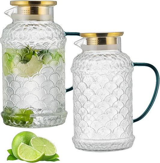 Buaic 2 PACK Glass Pitcher with Lid,68 oz/2 Liter Fish Scale Design Water Pitcher,Clear Borosilicate Glass Water Carafe for Cold Brew, Coffee, Lemonade, Iced Tea,Heat Resistant Water Glass Jug