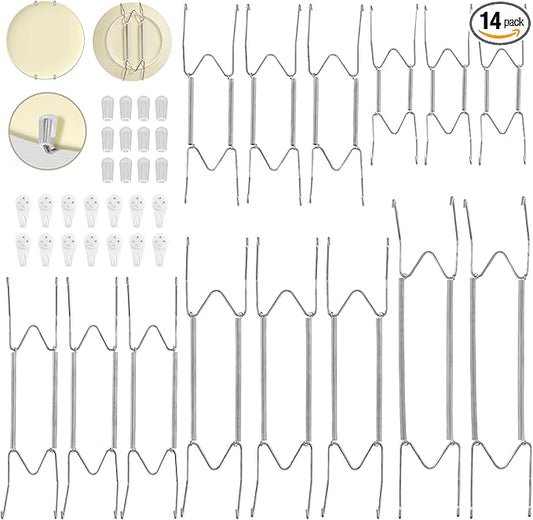 Bilillo 14 Pcs Plate Hangers for the Wall - 8/10/12/14/16 Inch Invisible Plates Hanger, Stainless Steel Plate Holders with 14 Pieces Wall Hooks for 7.5 to 19.5 Inch Decorative Plates and Arts (Silver)