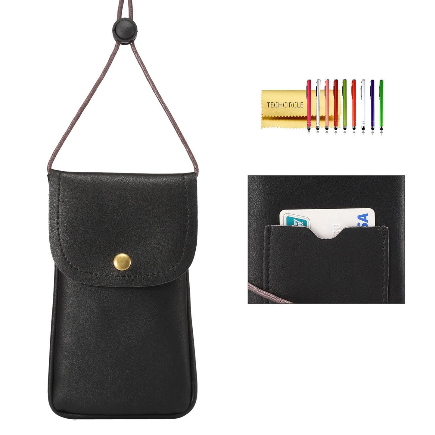Techcircle Cell Phone Neck Pouch PU Leather Carrying Bag with Credit Card Holder Adjustable Strap, Small Travel Purse for iPhone 11 XR XS Max SE 8 7 6 Plus, Galaxy S10 S7 Edge A10 J7, Moto G6 (Black)